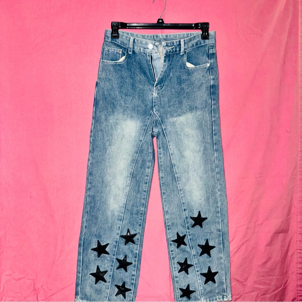 Wide leg Blue Jeans with Black Star Accents